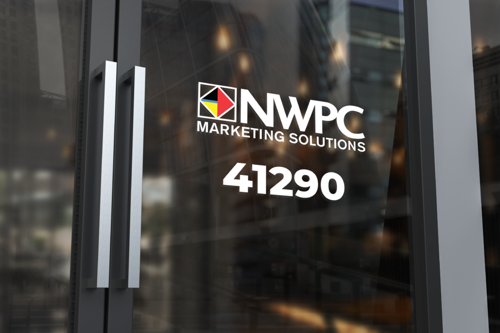 Example of a partial vinyl wrap on a door featuring the NWPC Marketing Solutions logo and address number.