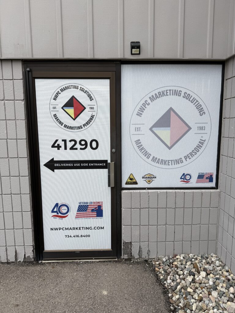 Example of a full vinyl door wrap at the NWPC HQ building in Plymouth, MI